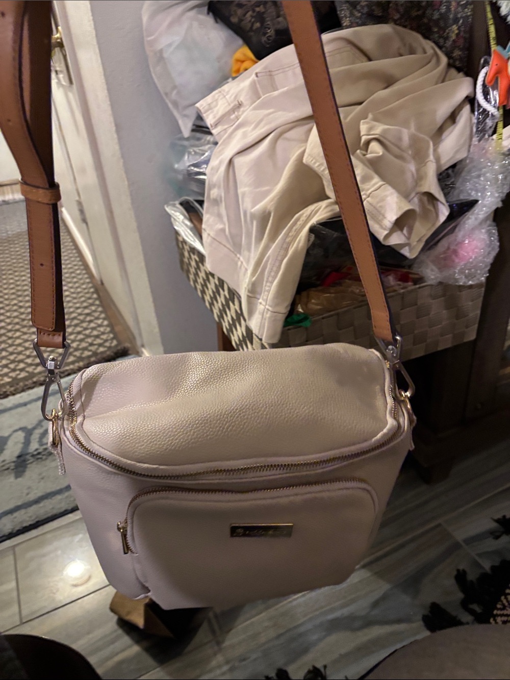 Bellaboo Neutral Beige Crossbody Bag with Contrasting Tan Strap( non bellaboo S)
